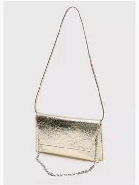 Zara Metallic Gold embossed flap bag  with Chain and long shoulder strap. NWT
